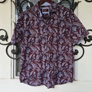 Consequence Men's Fig Sky Blue Paisley Short Sleeve Button Down - L